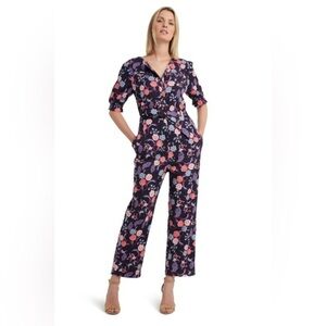 Halston Womens Belted Button Front Floral Print Jumpsuit in Twill size Large